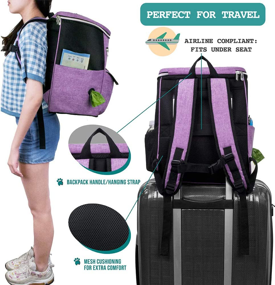Petami Dog Travel Bag Backpack, 27L Airline Approved Pet Supplies Organizer with 2 Food Containers, 2 Collapsible Bowls & Poop Bag Dispenser, Weekend Road Trip Camping Dog Mom Gift, Purple