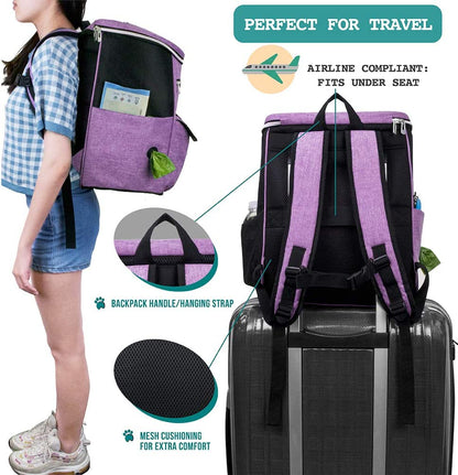 Petami Dog Travel Bag Backpack, 27L Airline Approved Pet Supplies Organizer with 2 Food Containers, 2 Collapsible Bowls & Poop Bag Dispenser, Weekend Road Trip Camping Dog Mom Gift, Purple