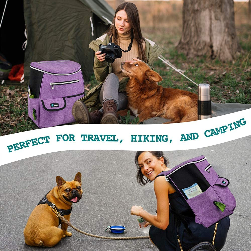Petami Dog Travel Bag Backpack, 27L Airline Approved Pet Supplies Organizer with 2 Food Containers, 2 Collapsible Bowls & Poop Bag Dispenser, Weekend Road Trip Camping Dog Mom Gift, Purple