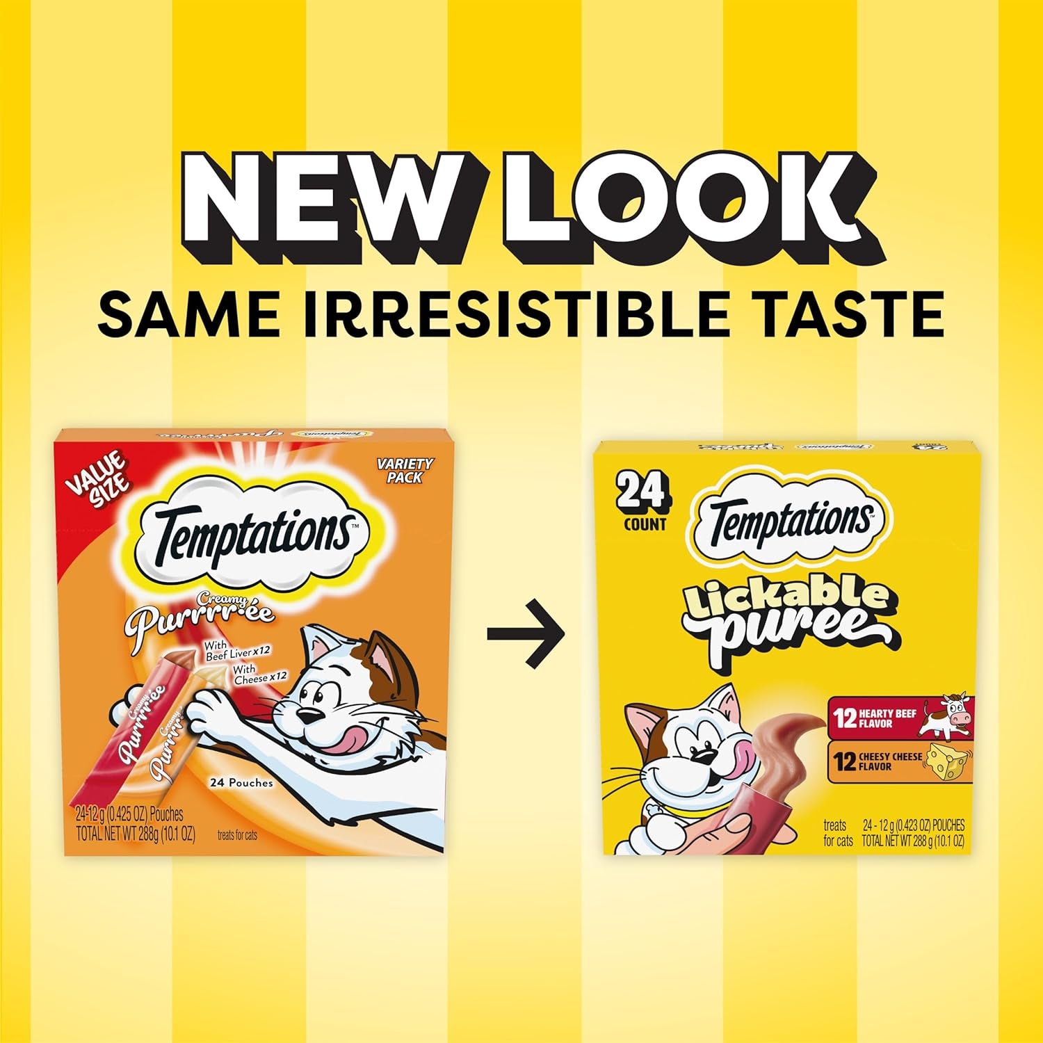 Temptations Creamy Puree Squeezable Lickable Cat Treats, Wet Cat Treats with Beef Liver and Cheese Variety Pack, 0.42 Oz. Tubes, 24 Count