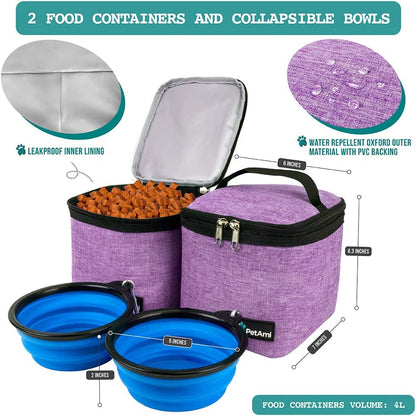Petami Dog Travel Bag Backpack, 27L Airline Approved Pet Supplies Organizer with 2 Food Containers, 2 Collapsible Bowls & Poop Bag Dispenser, Weekend Road Trip Camping Dog Mom Gift, Purple