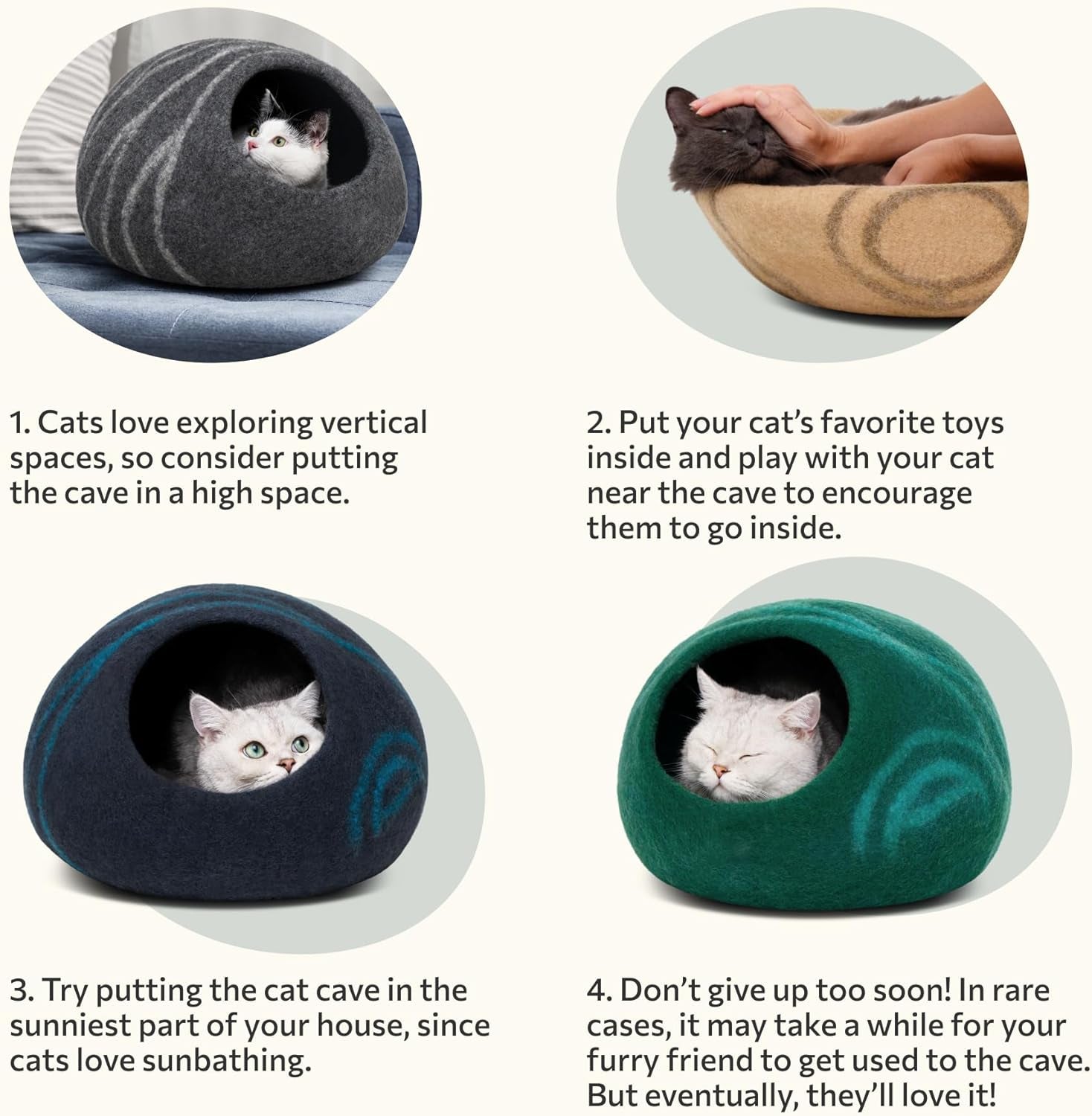 MEOWFIA Cat Cave – Premium Felt Cat Bed Enclosure for Indoor Cats, Handmade Merino Wool (Light Gray, Large)