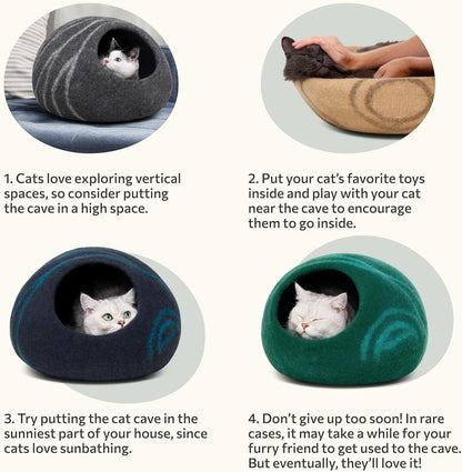 MEOWFIA Cat Cave – Premium Felt Cat Bed Enclosure for Indoor Cats, Handmade Merino Wool (Light Gray, Large)
