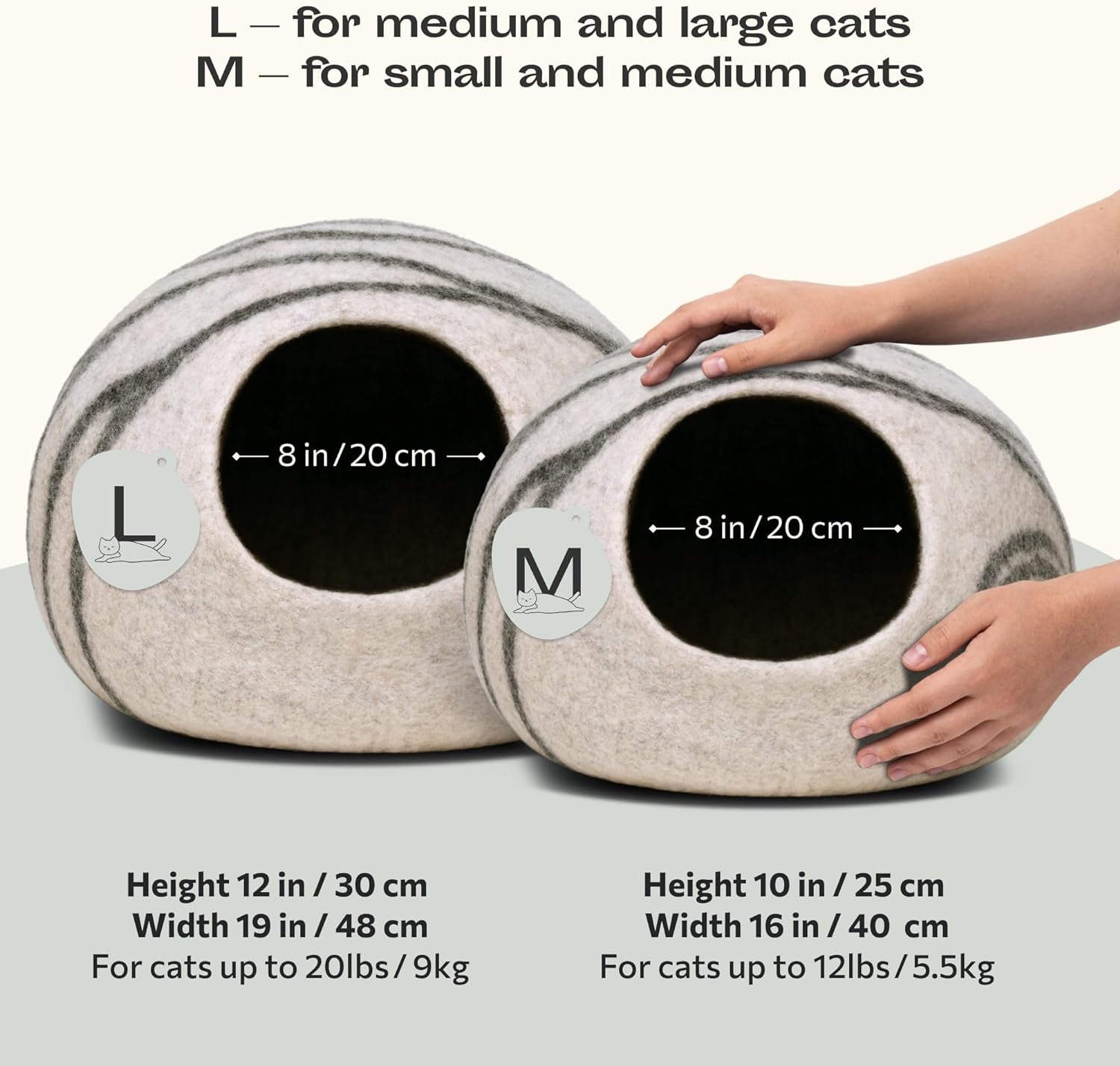 MEOWFIA Cat Cave – Premium Felt Cat Bed Enclosure for Indoor Cats, Handmade Merino Wool (Light Gray, Large)