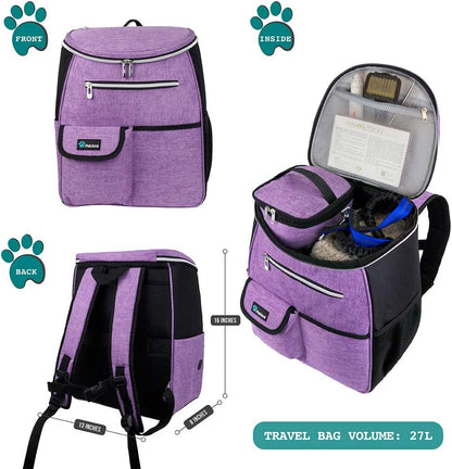 Petami Dog Travel Bag Backpack, 27L Airline Approved Pet Supplies Organizer with 2 Food Containers, 2 Collapsible Bowls & Poop Bag Dispenser, Weekend Road Trip Camping Dog Mom Gift, Purple
