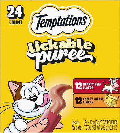 Temptations Creamy Puree Squeezable Lickable Cat Treats, Wet Cat Treats with Beef Liver and Cheese Variety Pack, 0.42 Oz. Tubes, 24 Count