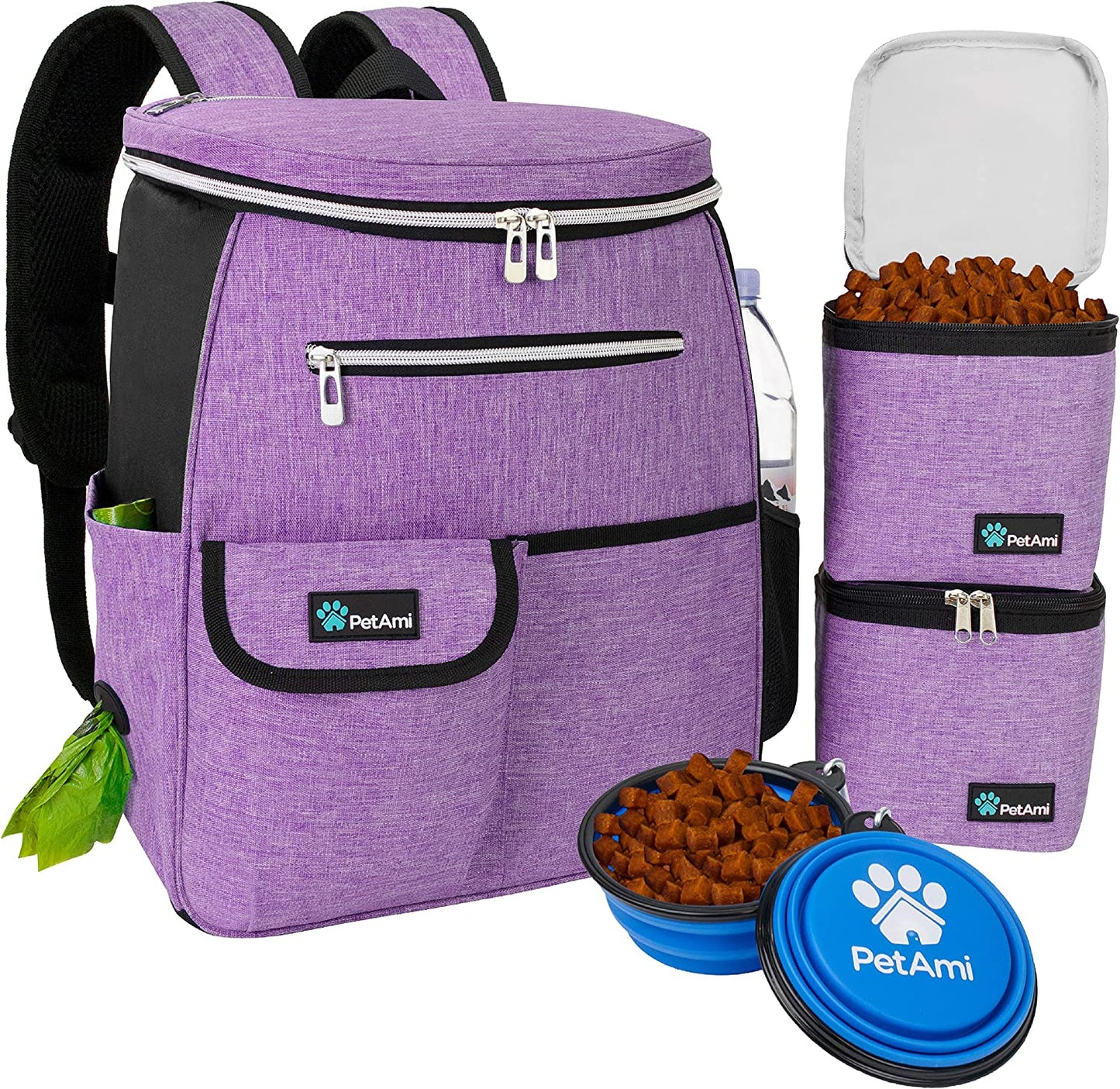 Petami Dog Travel Bag Backpack, 27L Airline Approved Pet Supplies Organizer with 2 Food Containers, 2 Collapsible Bowls & Poop Bag Dispenser, Weekend Road Trip Camping Dog Mom Gift, Purple