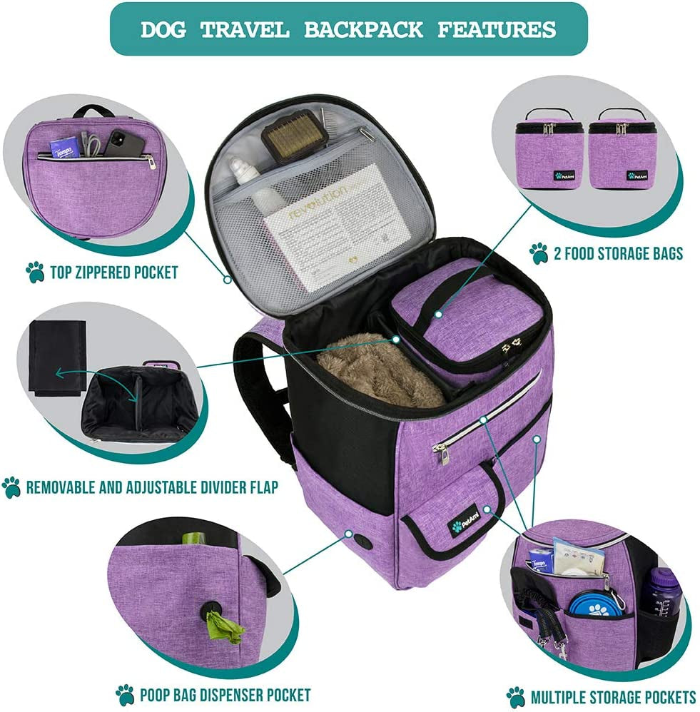 Petami Dog Travel Bag Backpack, 27L Airline Approved Pet Supplies Organizer with 2 Food Containers, 2 Collapsible Bowls & Poop Bag Dispenser, Weekend Road Trip Camping Dog Mom Gift, Purple